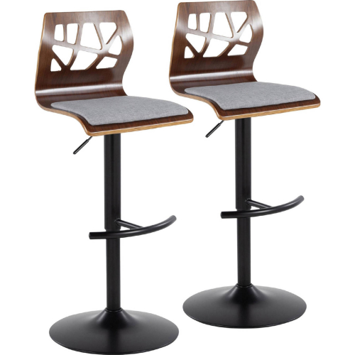 Folia Adjustable Swivel Bar Stool in Black Metal, Walnut Wood & Grey Fabric (Set of 2)